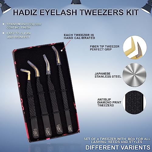 HADIZ Set of 4 Fiber Tip Diamond Grip Eyelash Extensions Tweezers Japanese Stainless Steel Lash Tweezer(Black)