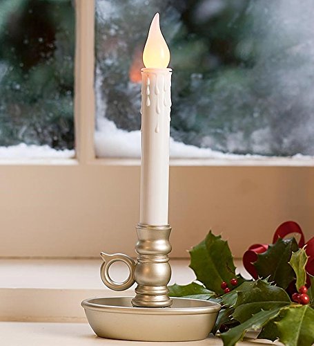 Plow & Hearth Set of 4 AA Battery Operated Window LED Candle Lamps | Auto Timer | Long Lasting Bulbs Never Need Replacing | Holiday Lights | Pewter Base | 9 1/2 H