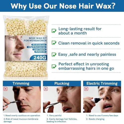 Nose Wax Kit Hair Removal Set - RAINFLOW Ear & Nose Hair Wax Kit for Men and Women,240g Wax Beads with Applicator Sticks, Home Grooming for Dating, Interviews, Travel, Salon-Like Results up to 4 Weeks