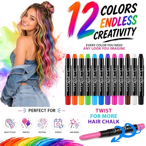 Jim&Gloria Washable Hair Chalk 12 Colors for Girls & Teens
