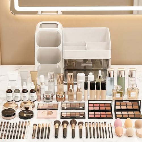 Large Capacity Makeup Organizer with Brush Holder & Bottle Storage