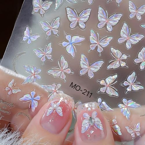 Butterfly Nail Art Stickers 3D Self-Adhesive Aurora Butterfly Nail Decals Blue Purple Pink Shining Glitter Butterfly Nail Art Design Supplies Manicure Sticker for Women Nails DIY Decorations 5 Sheets