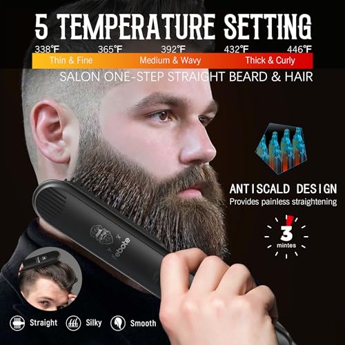Innovation Beard&Hair Straightener for Men w/Natural Boar Bristle Brush, Pear Wood Comb, Mustache Scissors and Travel Bag, Professional Beard Care Set for Him, Men's Fashion and Grooming Gifts
