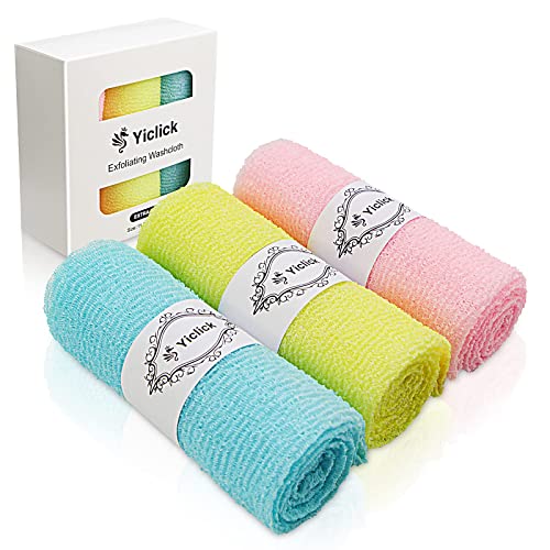 Yiclick Exfoliating Washcloth Towel [3 Pack], Japanese Exfoliating Bath Wash Cloth for Body Exfoliation, Korean Back Scrubber Washer for Shower, African Net Sponge Brush Loofah Exfoliator (3 Colors)