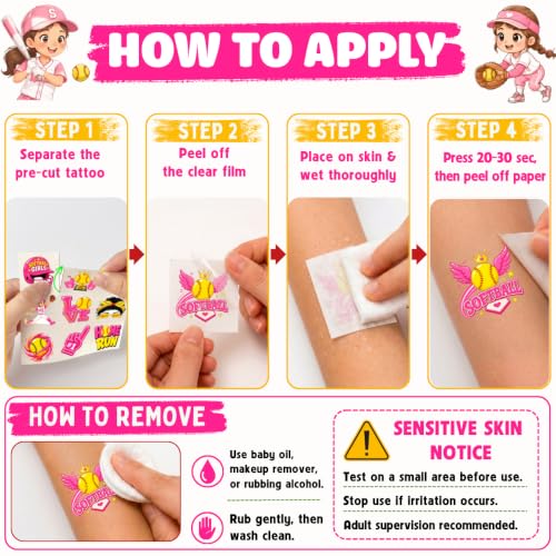 96 Softball Temporary Tattoos for Kids - Waterproof