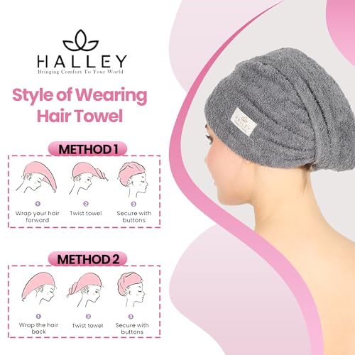 Cotton Hair Towel Wrap with Button - Super Absorbent Turban for Thick Hair