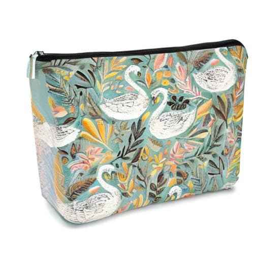Turquoise Aesthetic White Swans with Leaves Makeup Bag,Soft Sage Green Leaf Cosmetic Bag Best Gift Idea for Swans Lovers Girls Women Mom,Birthday Gifts for Women Girls