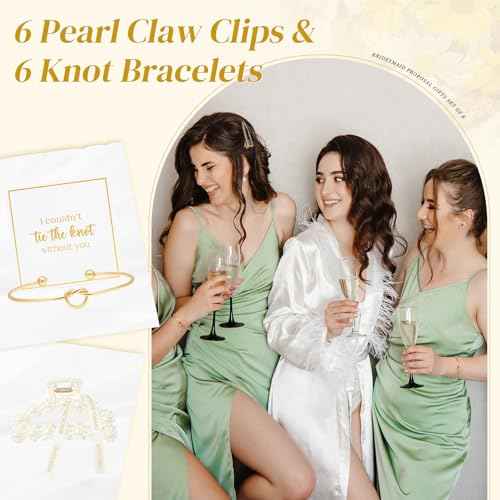 DEEKA 12 Pcs Bridesmaid Proposal Gifts, Pearl Hair Claw Clips & Bridesmaid Knot Bracelet Bachelorette Party Wedding Favors Bridal Party Present Hair Accessories for Women(Gold Bracelets)