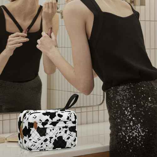 Travel Toiletry Bag for Women with Hanging Hook, Waterproof TSA Approved Cometic Toiletry Bag Organizers Leakproof Make up Bags for Women Cow Print