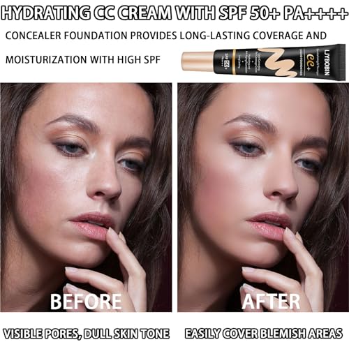 Hydrating CC Cream with SPF 50+ PA++++,Waterproof Flawless Concealer Full Coverage BB Cream for All Skin Types,Long Lasting Moisturizing Full Coverage Liquid Foundation for Men & Women（Natural）