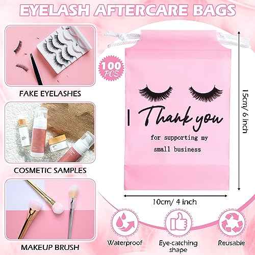 Abbylike 100 Pcs Eyelash Aftercare Lash Bags for Clients Eye Lash Print Drawstring Makeup Bag Empty Beauty Gift Cosmetic Sample Pouch for Women Small Business Supplies, 4 x 6 in(Pink)