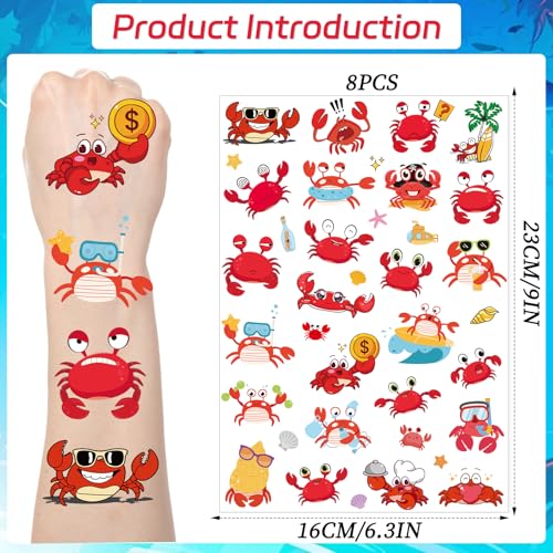 Crab Temporary Tattoo Stickers - 200+ Pieces, 8 Sheets