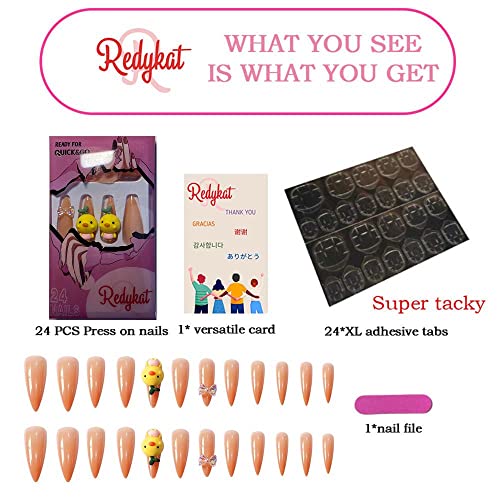 Redykat 24PCS Handmade Stiletto Super Glossy Press On Nails, Bowknot Nude Salon Quality Nail Art, Extra Long Acrylic False Nails, Fake Nails, Home Quick Manicure (3D cute duck)