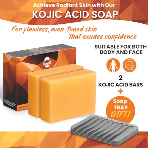 Perfecto Kojic Acid Soap Bar for Hyperpigmentation - All-Natural Kojic Acid Turmeric Bars - Can Reduce Dark Spots - Skin Soap with Vitamin C, Retinol, Collagen -100g x 2 Bars