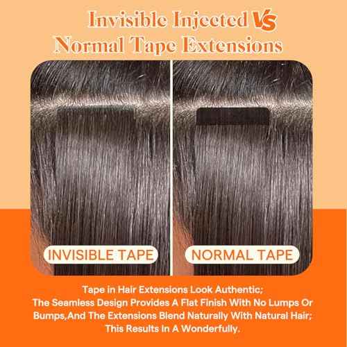 Full Shine Injected Tape in Hair Extensions 14Inch Seamless Injection Tape In Human Hair Extensions Color Blonde and Brown Balayage 20Gram 10Pcs Intact Invisible Machine Remy Human Hair for Women