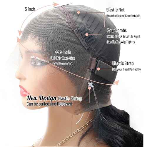 360 Lace Front Wigs Human Hair Body Wave 200% Density 20 Inch Upgraded Hidden Straps 360 HD Full Lace Wigs Human Hair With Drawstring Pre Plucked With Baby Hair for Women Natural Black