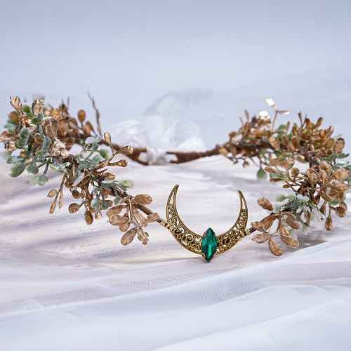 MOSTORY Gold Flower Moon Headpiece - Handmade Fairy Floral Crown Woodland Elf Headband Forest Circlet for Princess Renaissance Fair Halloween Party Wedding Cosplay