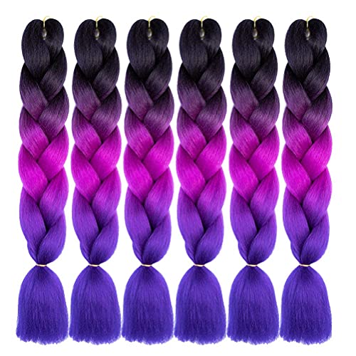 Xiaofeng Braiding Hair Extensions for Women 6 Packs 100g/Pack 24Inch High Temperature Ombre Jumbo Synthetic Braiding Hair for Twist Crochet Braids (24 Inch, black-purple red-blue)