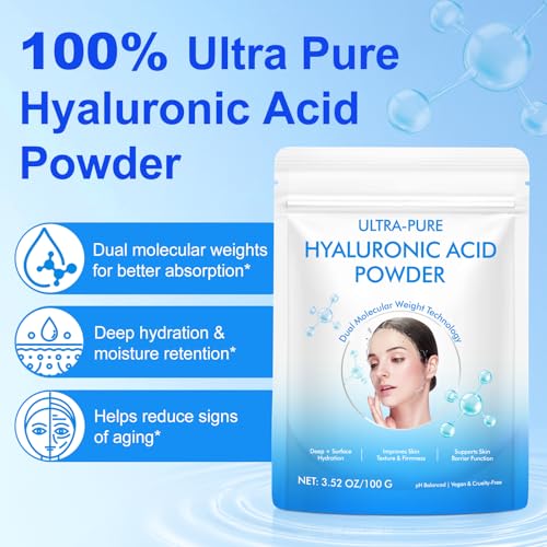 Hyaluronic Acid Powder for Skin & Face, Hyaluronic Acid Serum Powder, High & Low Molecular Weight, Water Soluble, DIY Serums for All Skin Types Hydration and Moisture, Includes Scoop (3.52Oz/100g)
