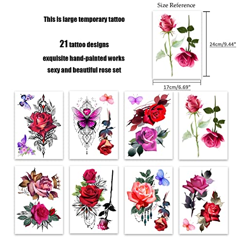 Rose Flower Temporary Tattoos for Women - 8 Sheet Set