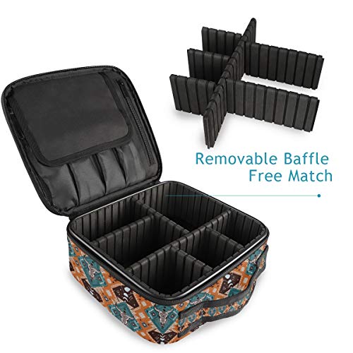 ALAZA Makeup Case Indian Tribal Aztec Ornament Geometric Pattern with Skulls Cosmetic Bag Organizer Travel Portable Storage Toiletry Bag Makeup Train Case with Adjustable Dividers for Women