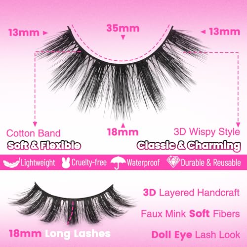 Veleasha 3D Faux Mink False Eyelashes - 18mm Wispy Lash Strips (10 Pairs)