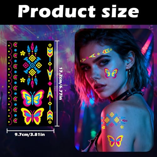 Glow in the Dark Tattoos 256+ PCS ? Luminous Party Supplies Neon Body Paint UV Face Temporary Tattoos for Adults Teens, 32 Sheets Neon Accessories Party Favors & Decorations