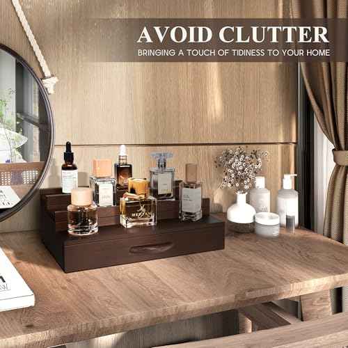 EOSAHR Farmhouse Wooden Cologne Organizer for Men - 3 Tier Perfume Stand Organizer for Dresser with Storage Drawer and Hidden Compartment - Great Gift for Men (Retro Brown)