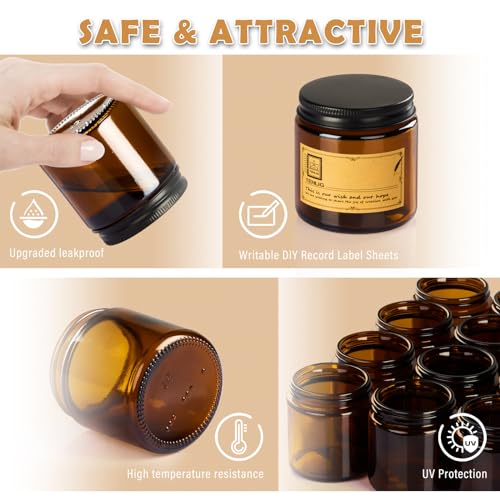4 oz Glass Jars with Lids,Amber,12 Pack Empty Cosmetic Containers with Inner lids and Inner Liners,Black Metal Lid,Refillable Round Airtight Jars,Use to store Lotion,Powders,Candle Making