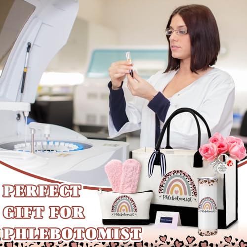 Geiserailie 8 Pcs Phlebotomist Gifts for Women Including Large Tote Bag Cosmetic Bags Tumbler Cup Plush Socks Metal Keychain Card and Envelope for Phlebotomy Thank You Gifts