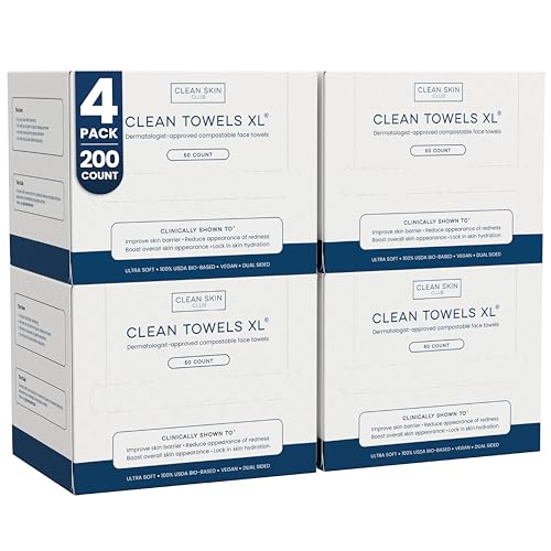 Clean Skin Club Clean Towels XL¢ç, 100% USDA Biobased Face Towel, Disposable Face Towelette, Eczema Association Accepted, Makeup Remover Dry Wipes, Ultra Soft, 50 ct per pack, 4 Packs, 200 Ct Total