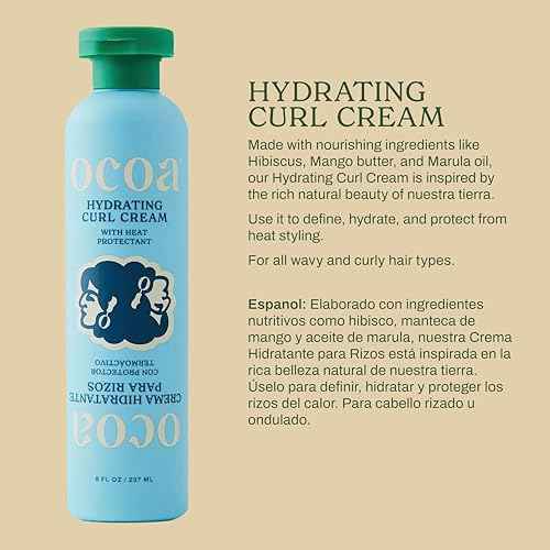 OCOA Beauty Hydrating Curl Cream with Hibiscus, Mango Butter, and Marula Oil - Defines, Moisturizes, Controls Frizz & Protects from Heat - For Curly & Wavy Hair, 8 oz