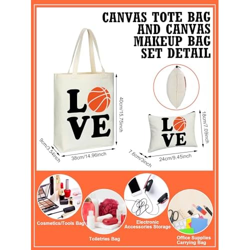 18 Pcs Volleyball Basketball Gifts for Women Cosmetic Bag Canvas Tote Bags Set for Teen Makeup Travel Players Teams(Basketball)