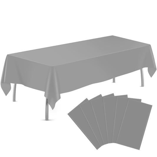 tujol Silver 6 Pack Plastic Table Cloth 54" x 108", Disposable Tablecloths Rectangle Table Cover, Plastic Table Cloths for Parties