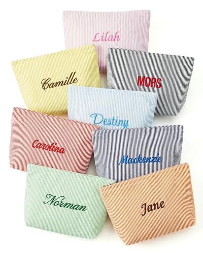 Custom Embroidered Seersucker Makeup Bag - Personalized Striped Pouch