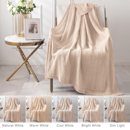 EMME Cotton Bed Blanket Soft Muslin Boho Bedding Lightweight Breathable Twin Blanket All Season Gauze Blanket, Light Tan