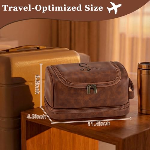 Personalized Hanging Travel Toiletry Bag for Men, Laser-Engraved Monogrammed Initial Shaving Bag for Toiletries Valentines Anniversary Cool Gifts for Men Husband Boyfriend Reddish Brown T