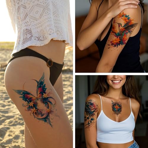 8-Sheet 3D Watercolor Temporary Tattoos - Realistic Floral & Animal Designs
