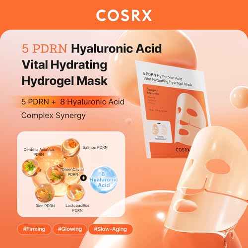 COSRX 5 PDRN Hyaluronic Acid Vital Hydrating Hydrogel Mask, Overnight Hydrogel Face Mask for Glass Glow Skin & Firming with Salmon DNA, Centella PDRN, Korean Skin Care, Stocking Stuffers (34g x 3ea)
