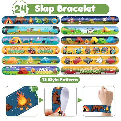 48 PCS Camping Party Favors 24PCS Tattoos Sticker 24PCS Slap Bracelets Wristbands Perfect for Camp Themed Birthday Baby Showers or Classroom Rewards Ideal Decor and Gifts for Girls and Boys