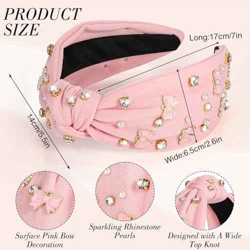 obeoby Bow Headbands for Women, Pink Knotted Teacher Headband Non Slip Wide Hairband Stocking Stuffers for Women Girls
