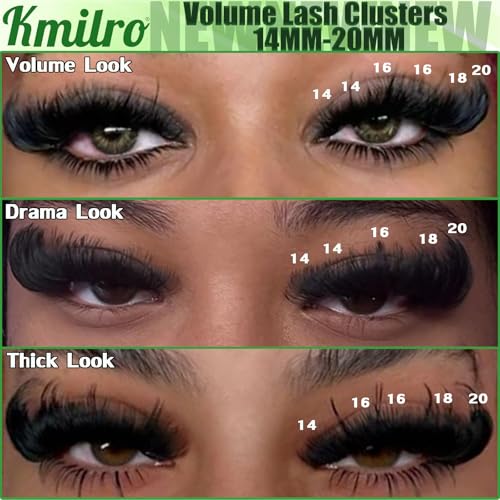 Kmilro Lash Clusters 14-20mm Volume Cluster Eyelash Extensions Thick Eyelash Clusters 480pcs Waterproof Wispy Individual Lashes Soft False Eyelashes DIY Lash Extension (150D+180D+200D)