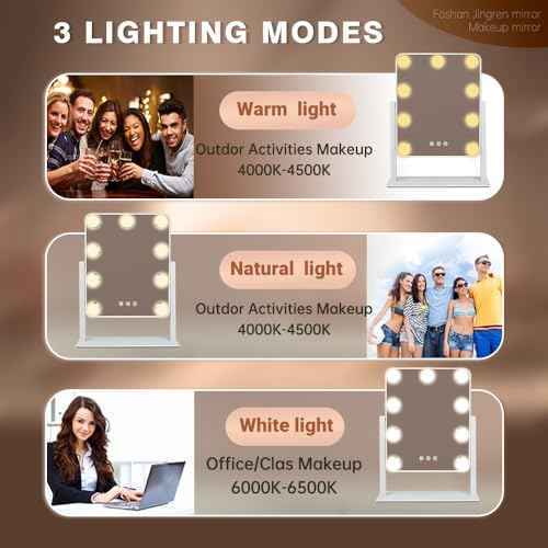 Hollywood Vanity Mirror with Lights,Tabletop Makeup Mirror with 9 LED Lights Smart Touch Control 3 Colors Light 360¡ÆRotation Detachable 10X Magnification