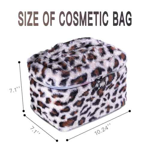 Plush Travel Makeup Bag Toiletry bag for Women Soft Fluffy Cosmetic Bag Portable Foldable (Beige Leopard)