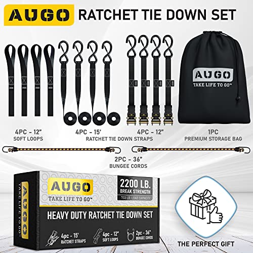 AUGO Ratchet Straps Heavy Duty 4 Pack -15 FT - 2200 LB Break Strength – Ratchet Tie Down Straps with Safety Lock S Hooks - Cargo Straps for Moving, Appliances, Motorcycle – Soft Loop Tie Down Straps