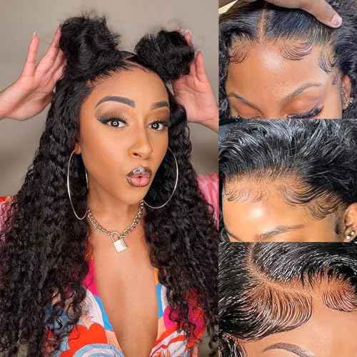 22 Inch Deep Wave Lace Front Wigs Human Hair Pre Plucked 200% Density 13x6 HD Lace Frontal Wigs with Baby Hair Deep Curly Wet and Wavy Glueless Wigs for Women (Natural Black, 22 Inch)