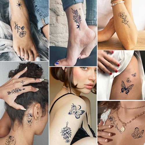 Tazimi Semi-Permanent Tattoos for Women Girls 100% Plant-Based Ink Small Flower Words Animals Waterproof Realistic Fake Tattoos Long Lasting 1-2 Weeks for Adult