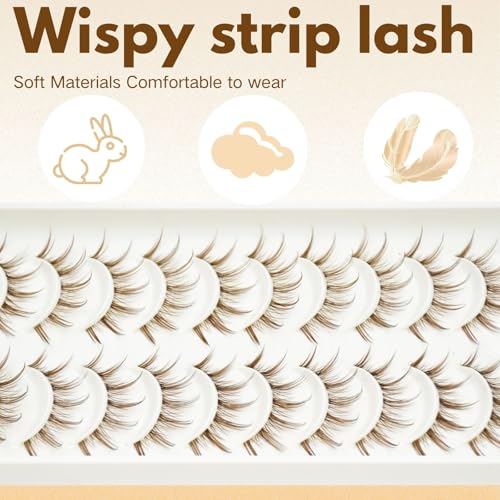 10 Pairs Brown False Lashes with Clear Band - Wispy Natural Look