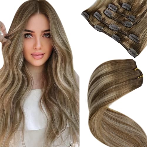 LaaVoo Balayage Clip in Hair Extensions Human Hair Light Brown to Blonde Clip in Hair Extensions Real Human Hair Ombre Real Hair Extensions Clip ins Remy Hair Straight 18 Inch 5pcs/80g