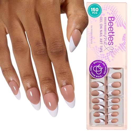 Beetles Pre-French Tips Gel Nail Tips, 4-IN-1 150Pcs Almond Medium Pinkish Brown French Press on Nails Etch X Pre-Primer & Base Coat, No File Need Easy False Nail Tips for Nail Art DIY Design